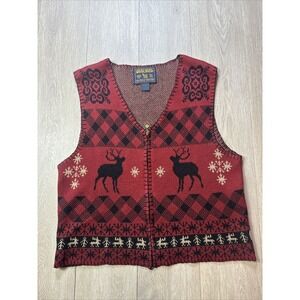 Vintage Woolrich Sweater Vest Womens Medium M Red Holiday Reindeer Snowflakes